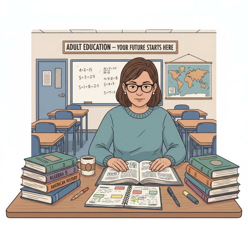 An adult student is shown studying in a classroom, with books and notebooks on the desk, representing the effort put into obtaining a high school diploma in an adult education setting. Adult studying for a high school diploma in a classroom