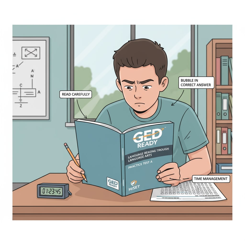 A person is sitting at a desk, concentrating on a practice test booklet, which could be for GED or HiSet, indicating the testing process of these equivalency diplomas. Person taking a GED or HiSet practice test