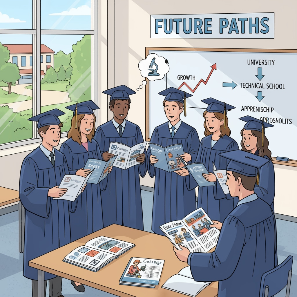 A group of high school graduates are gathered in a classroom, animatedly discussing their future career options, with some pointing at college brochures and others at trade school flyers. High school graduates discussing career options between university and trades.