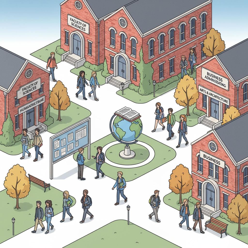 A university campus scene with students walking purposefully between buildings, some carrying books, and there are signs of various academic departments around. Students on a university campus considering post-secondary education for future job prospects.