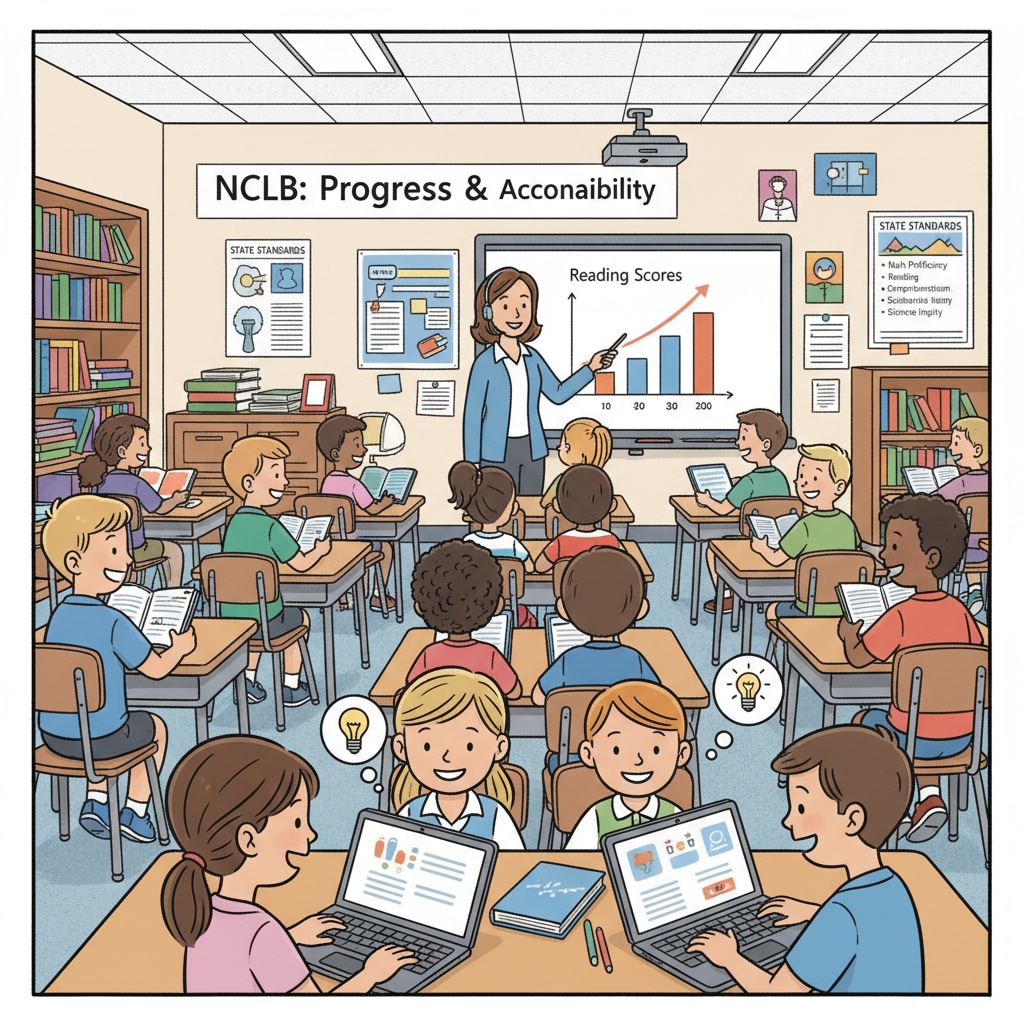 A classroom scene with students engaged in learning activities, representing the educational environment influenced by the NCLB Act. A classroom scene related to education accountability, NCLB, and educational transformation