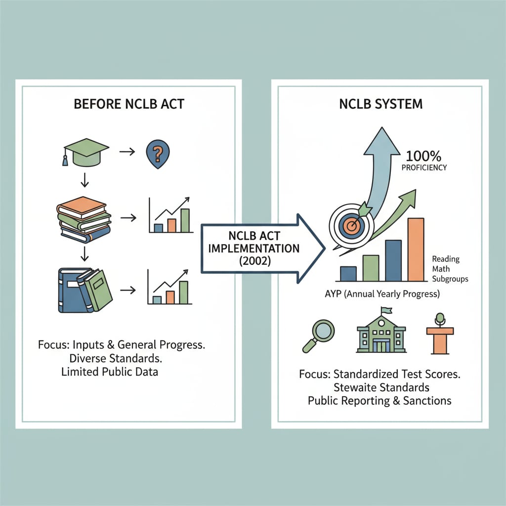 A graph depicting the changes in educational accountability metrics after the implementation of the NCLB Act. Graph showing educational accountability changes due to NCLB and educational transformation
