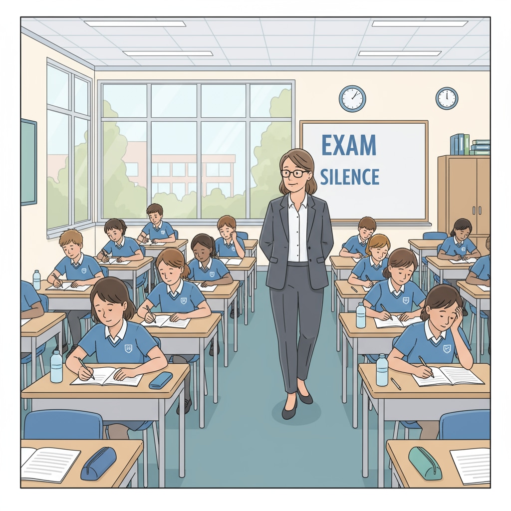 A test invigilator is walking around a classroom filled with students taking an exam, observing their behavior. A test invigilator monitoring students during an exam, related to test invigilator work experience and job hunting.