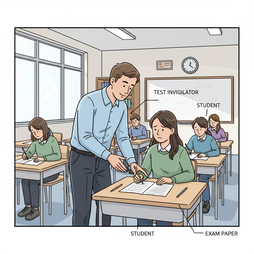 A test invigilator is helping a student who seems to be having trouble during an exam. A test invigilator assisting a student during an exam, relevant to test invigilator job and work experience.