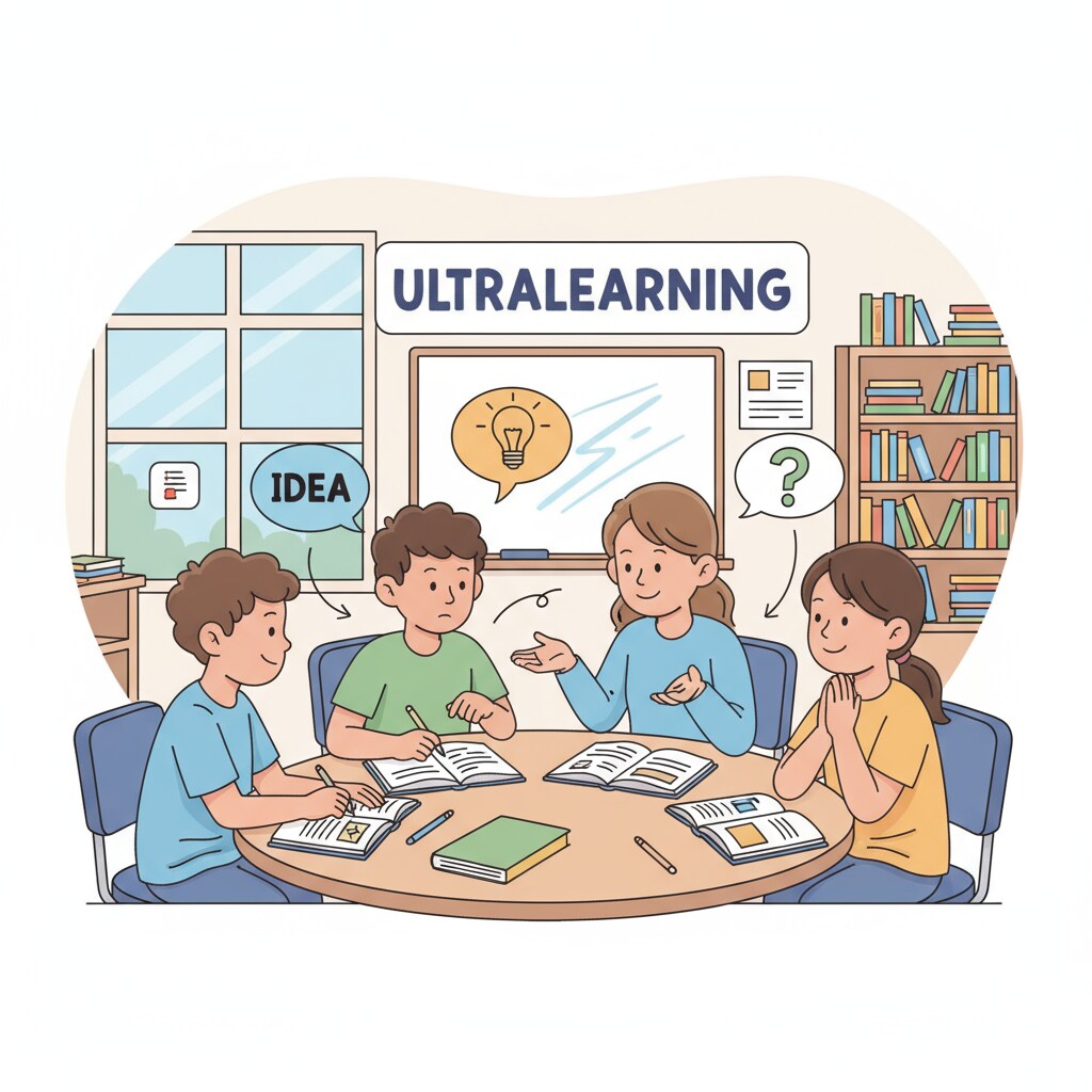A group of students are engaged in a discussion, sharing ideas and learning from each other, which is an important aspect of ultralearning in K12 education. Students applying ultralearning principles in a classroom setting