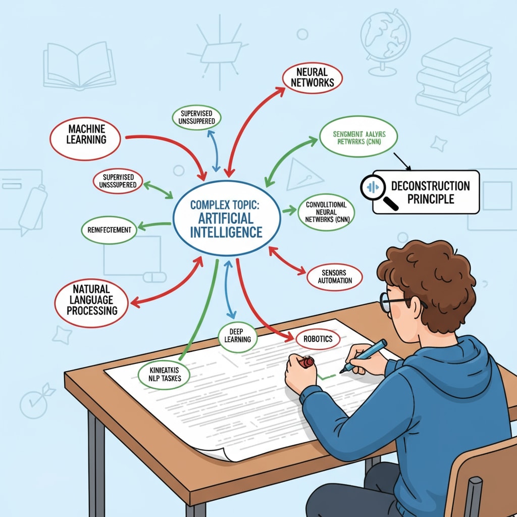 A student is using a mind map to break down a complex topic into smaller parts, representing the deconstruction principle of ultralearning. Student deconstructing a topic for effective learning