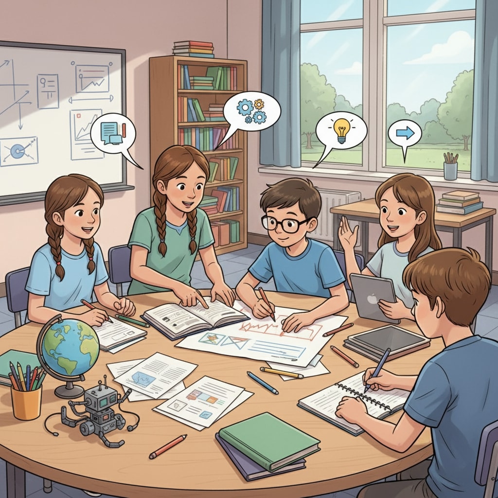 A group of middle school students collaborating on a project, showing teamwork and communication skills Middle school students demonstrating soft skills through project collaboration, related to workplace readiness and education reform