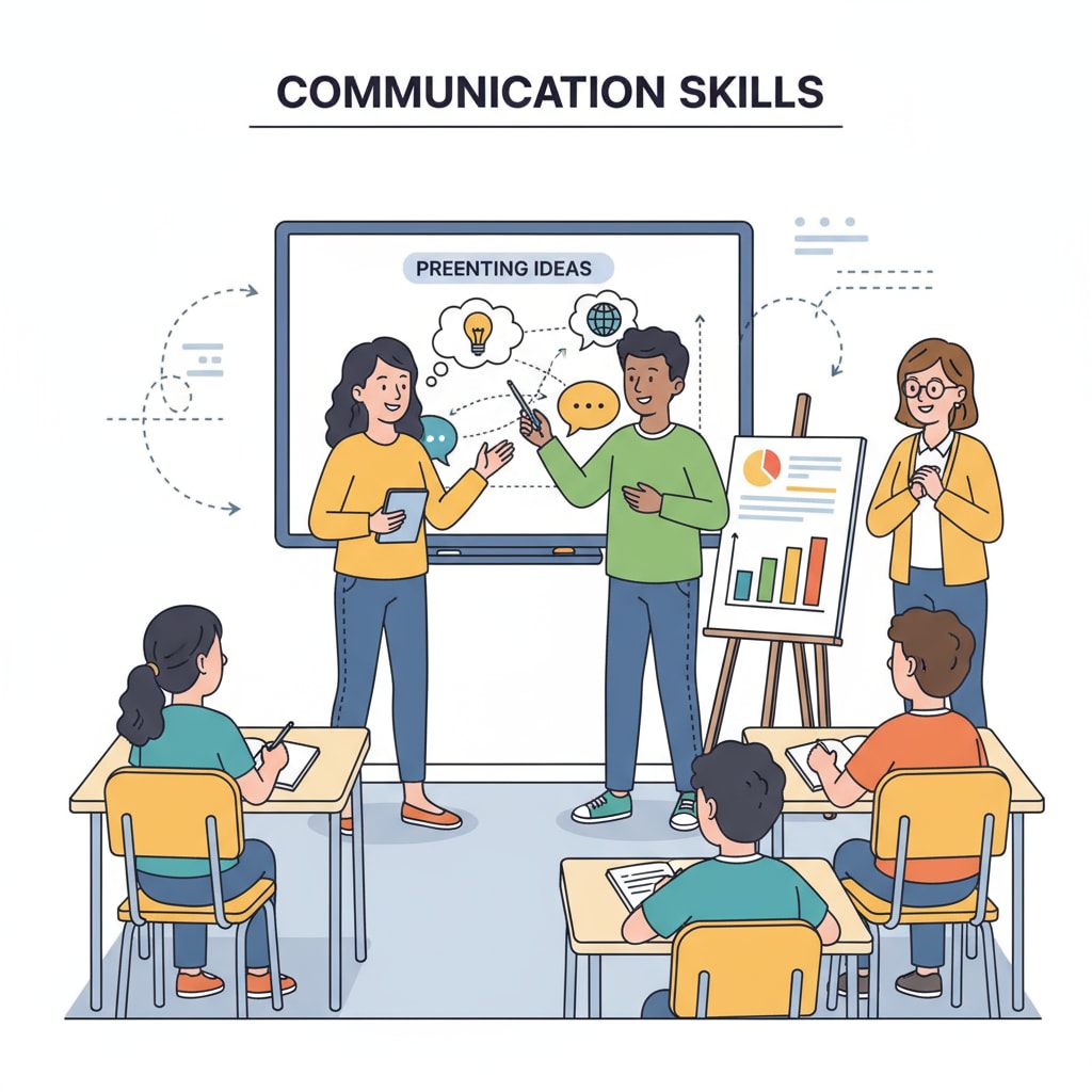 Students presenting their ideas in a classroom, demonstrating communication skills Students showing communication skills in a classroom, relevant to soft skills, workplace readiness, and education reform
