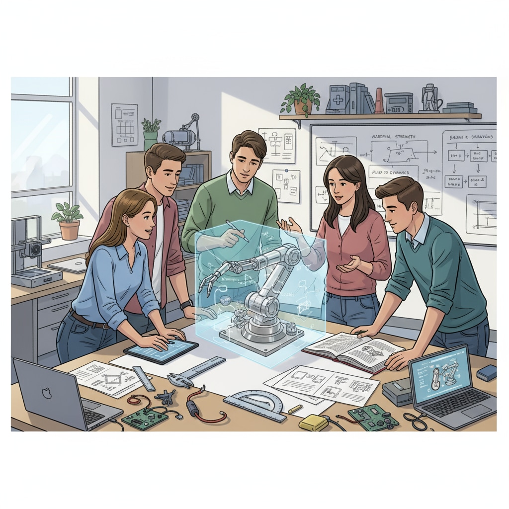 A group of students working together on an engineering project, discussing designs and solutions. Students collaborating on an engineering project related to alternative education in engineering