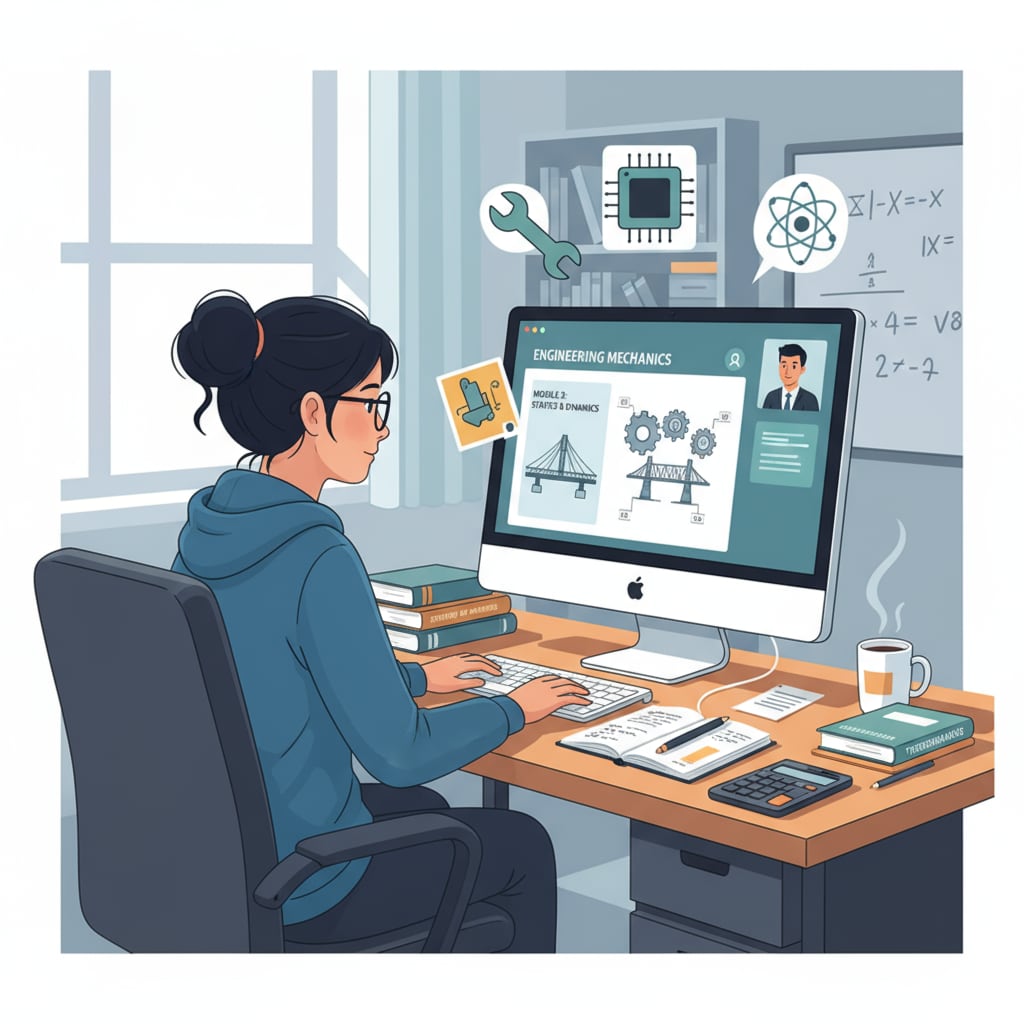 A student sitting at a desk, attentively attending an online engineering course on a computer screen. Student attending an online engineering course as part of alternative education for computer science