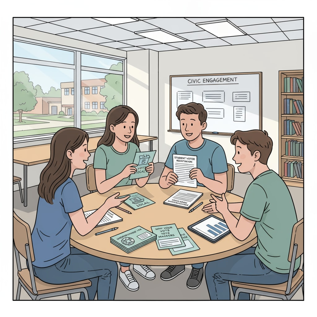 A group of college students are gathered around a table, discussing voting-related topics. There are brochures and registration forms on the table. College students discussing voting on campus as part of campus promotion and voter education efforts