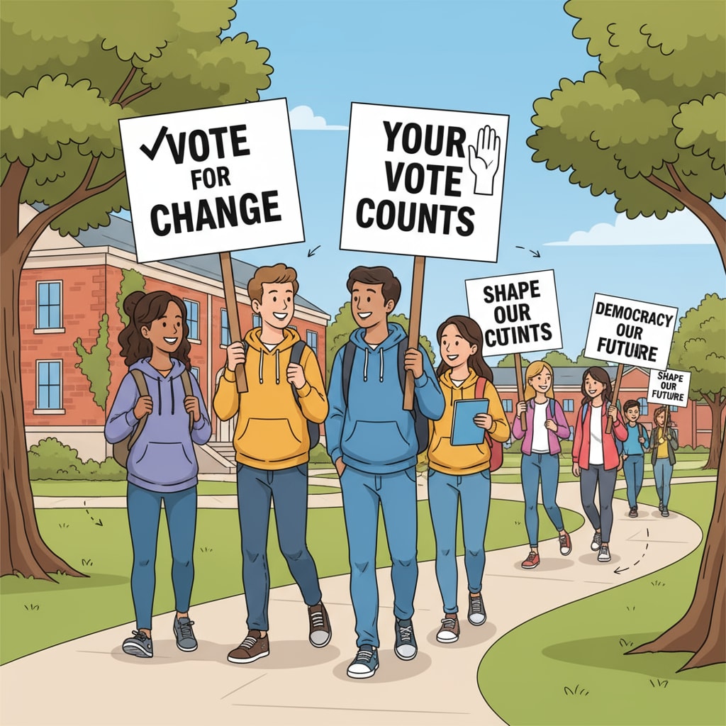 College students are holding signs with slogans like College students advocating for the importance of voting as part of campus promotion for college student voting