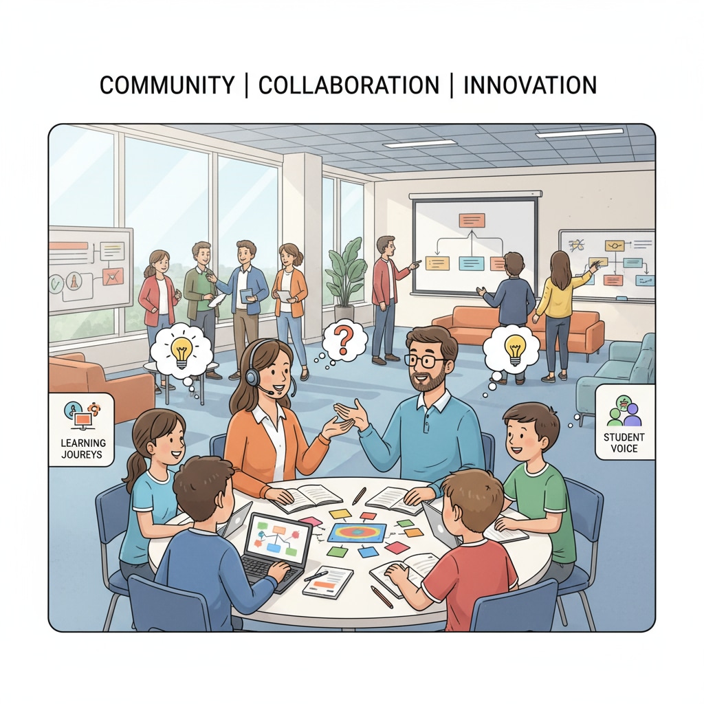 A collaborative scene of students, teachers, and parents in an education community environment, discussing and sharing ideas. Community collaboration in K12 education with focus on rules, subreddits, and posting guidelines
