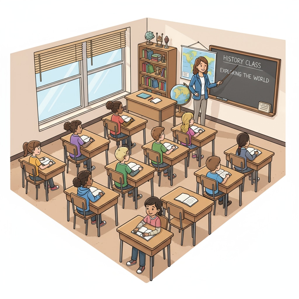 A classroom scene in an American school with students sitting in traditional rows. The desks are neatly arranged, and the teacher is standing at the front. Classroom scene in American education system showing traditional seating arrangement related to cultural and social aspects