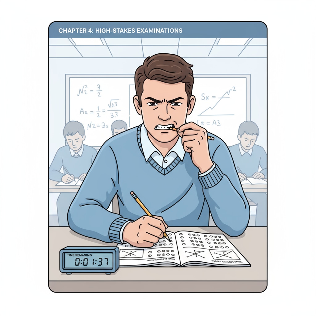 A student looking stressed while taking a standardized test. The student has a furrowed brow and is gripping a pencil tightly. A stressed student during a standardized test in the American education system highlighting cultural and social pressure