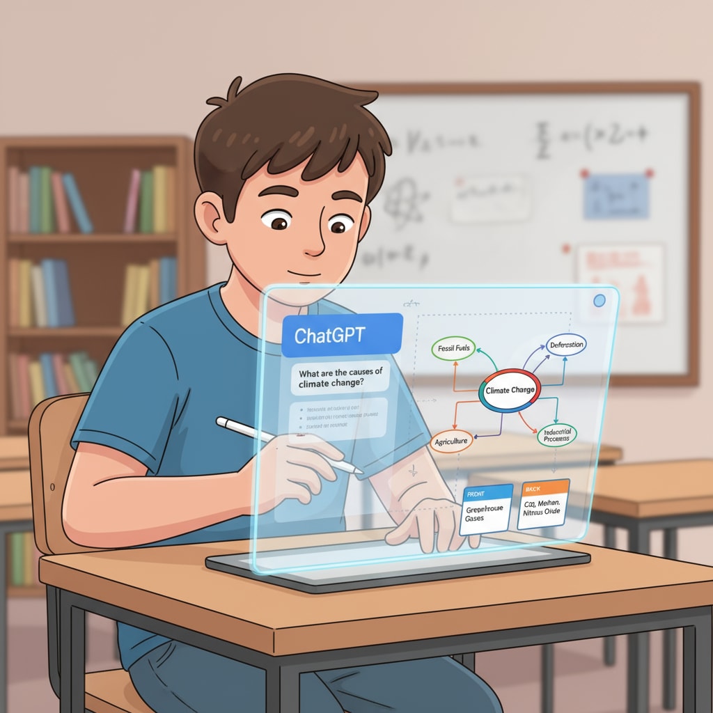 An illustration showing a student using a digital device with ChatGPT interface on one side and creating a mind map and flashcards on the other A student using AI learning, mind maps, and flashcards with ChatGPT