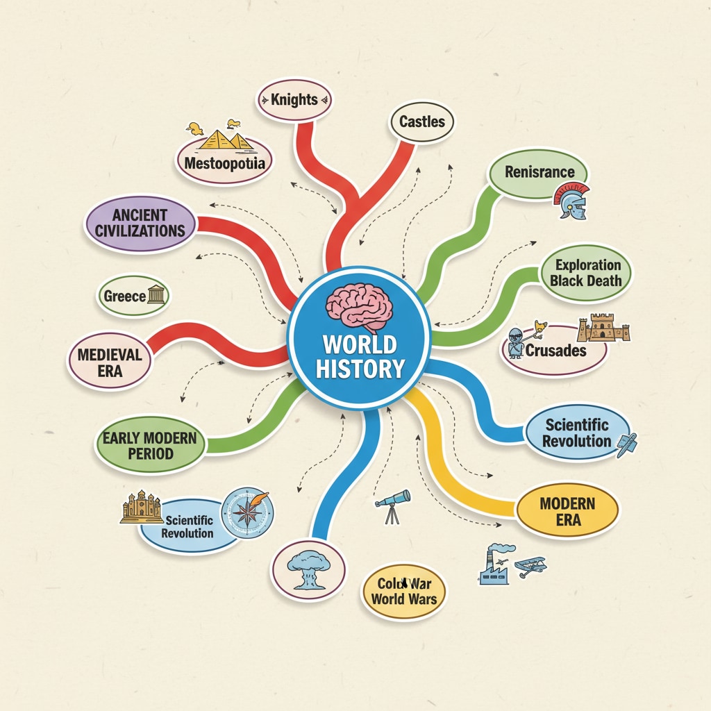 A colorful mind map depicting historical events created with the help of AI A mind map for historical events created using AI learning