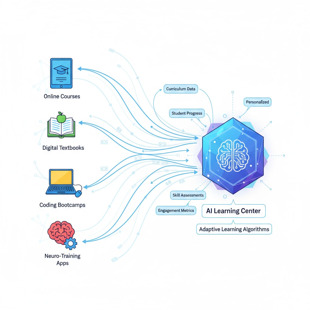 An illustration showing multiple educational platforms sending data streams towards an AI learning center Data flow from educational platforms to an AI learning center for integration