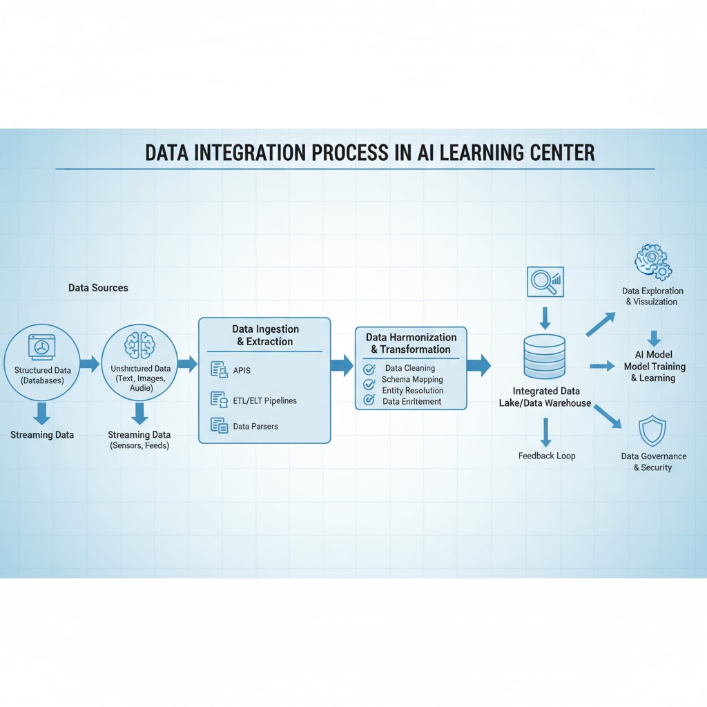 A diagram depicting the process of data integration in an AI learning center Diagram of data integration process within an AI learning center