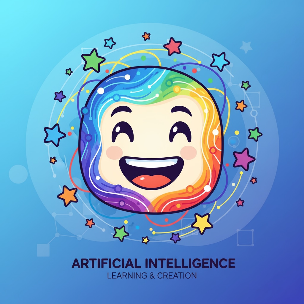 A colorful AI avatar with a big smile, surrounded by stars. An appealing AI avatar attracting children's attention.