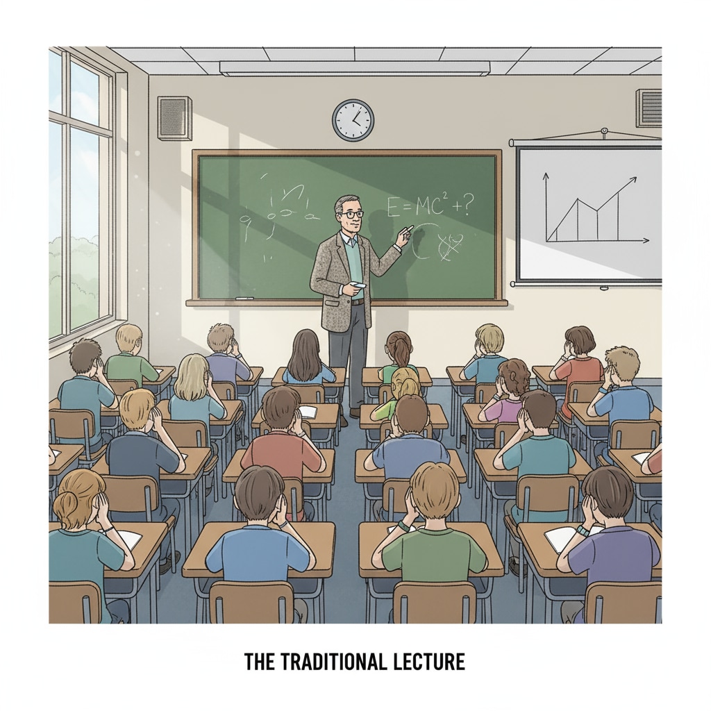 A classroom scene where students are sitting in rows, looking bored during a traditional lecture. The teacher is standing at the front, writing on the blackboard. A classroom with bored students during a traditional teaching session related to education system, teaching methods, and student engagement