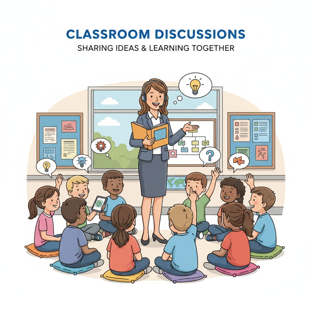 A teacher is leading a group discussion among students. The students are sitting in a circle, actively participating, sharing their ideas and opinions. A teacher facilitating a group discussion to enhance student engagement in the context of education system and teaching methods