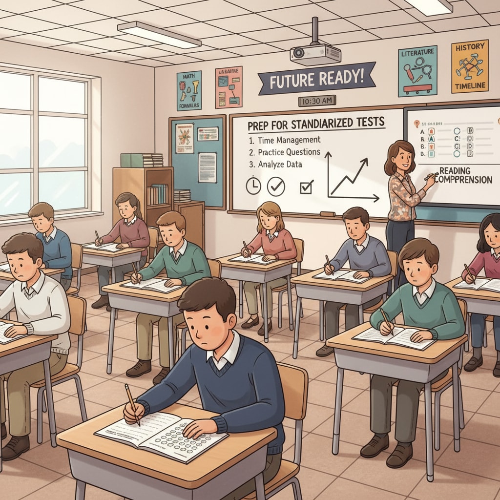 A classroom scene where students are sitting at desks, looking at textbooks, while a teacher is writing on the board. The scene depicts the typical standardized testing-oriented secondary education environment. A classroom scene representing standardized testing-oriented secondary education