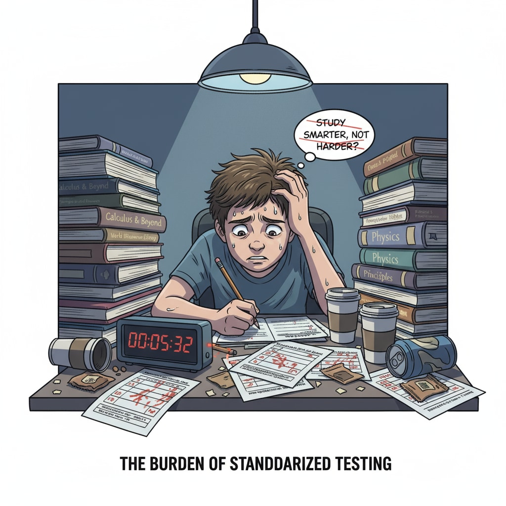 A student is sitting at a desk, surrounded by textbooks and test papers. The student looks stressed, which highlights the pressure that students face due to standardized testing. A stressed student under the pressure of standardized testing