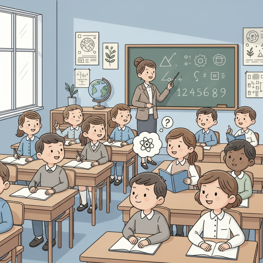 A classroom scene with students listening attentively to the teacher, but there is no sign of real world connections in the teaching materials or activities. Classroom scene lacking real world connection related to school education, practicality, and academic performance evaluation