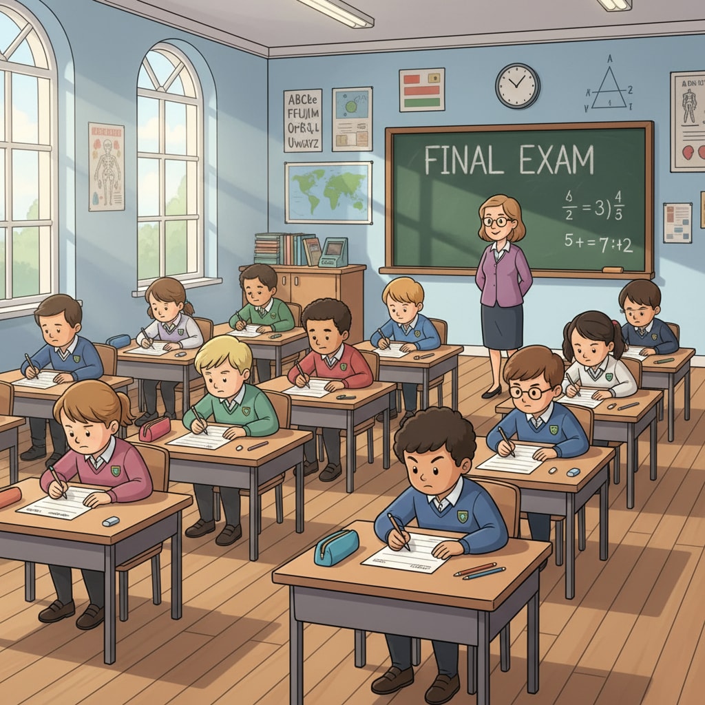 A classroom scene where students are taking a traditional exam. Desks are arranged in rows, and students are concentrating on answering test papers. A classroom scene related to student assessment, educational measurement, and teaching strategies during a traditional exam.