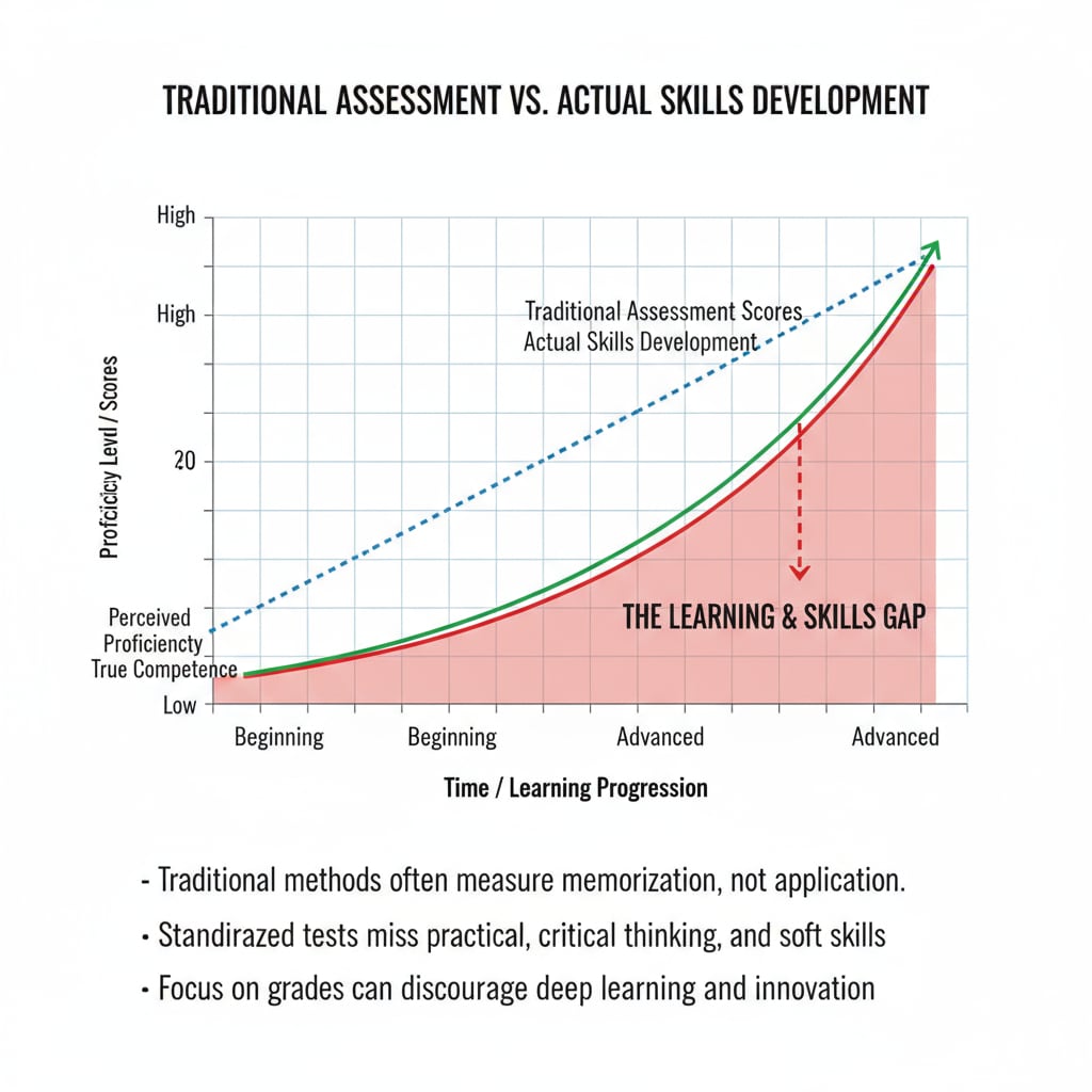 A graph showing the drawbacks of traditional assessment methods. The graph compares traditional assessment scores with students' actual skills development, highlighting the gap. A graph depicting the limitations of traditional assessment methods relevant to student assessment, educational measurement, and teaching strategies.