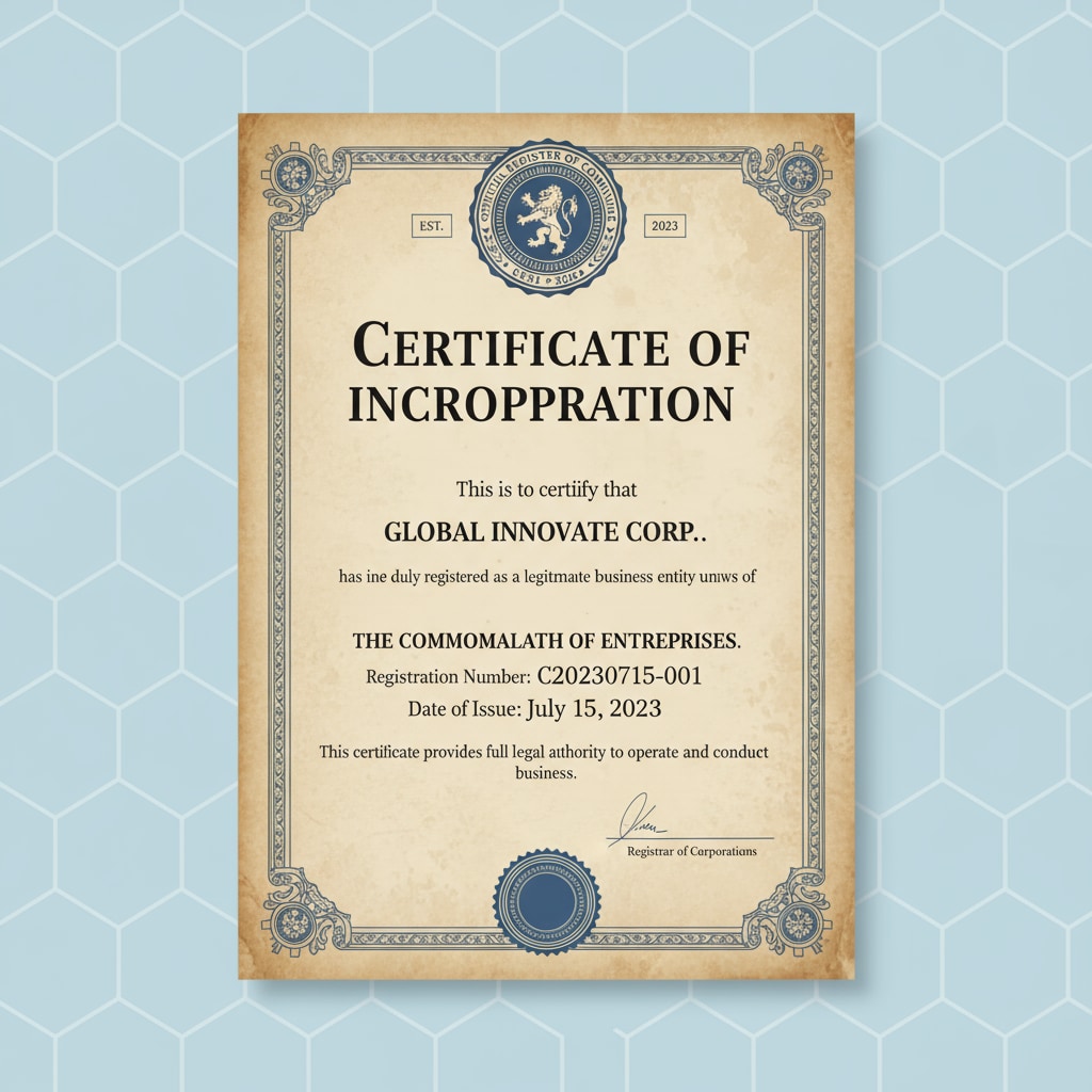 A document that looks like a company registration certificate, symbolizing the legitimacy of a company. Company registration document representing LawEssayPros' legitimacy