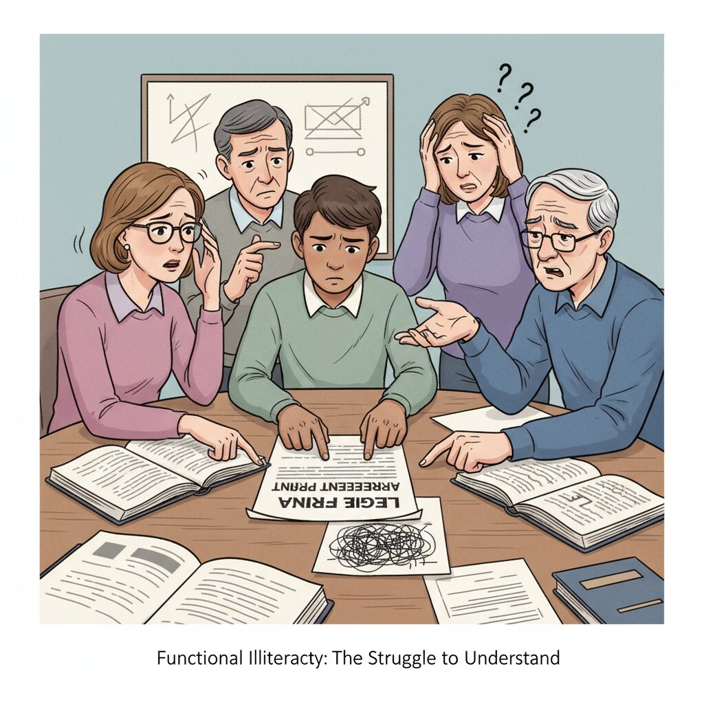 A group of people sitting around a table, looking confused and frustrated while trying to read and understand a document, depicting the struggle of functional illiteracy. People struggling with reading a document, representing the impact of functional illiteracy on reading comprehension and the education crisis