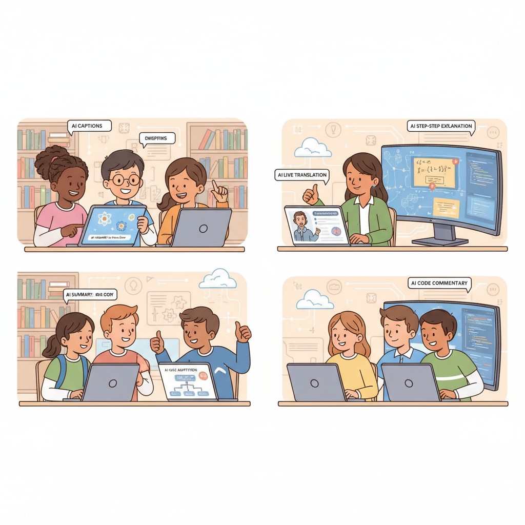 An illustration showing students of various ages and backgrounds using digital devices to watch educational videos with AI features such as captions and summaries. The students are smiling, indicating their engagement and understanding. AI-assisted learning in K12 video education promoting accessibility and equity