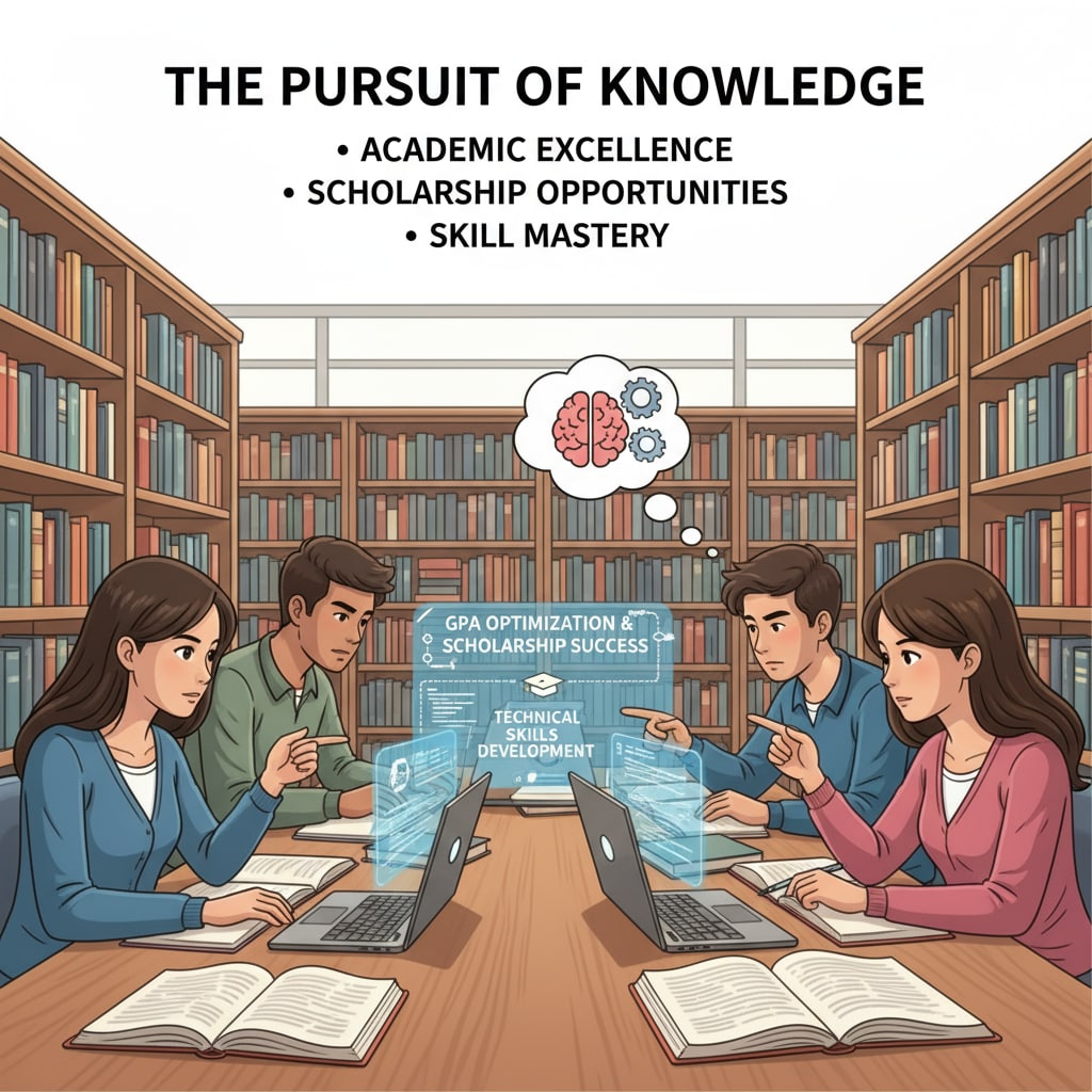 A group of students are studying together in a library. They are surrounded by books and laptops, showing their focus on academic performance. This scene is related to the pursuit of knowledge, which is crucial for GPA, scholarships, and the development of technical skills. Students studying in a library for better academic performance related to GPA, scholarships, and technical skills