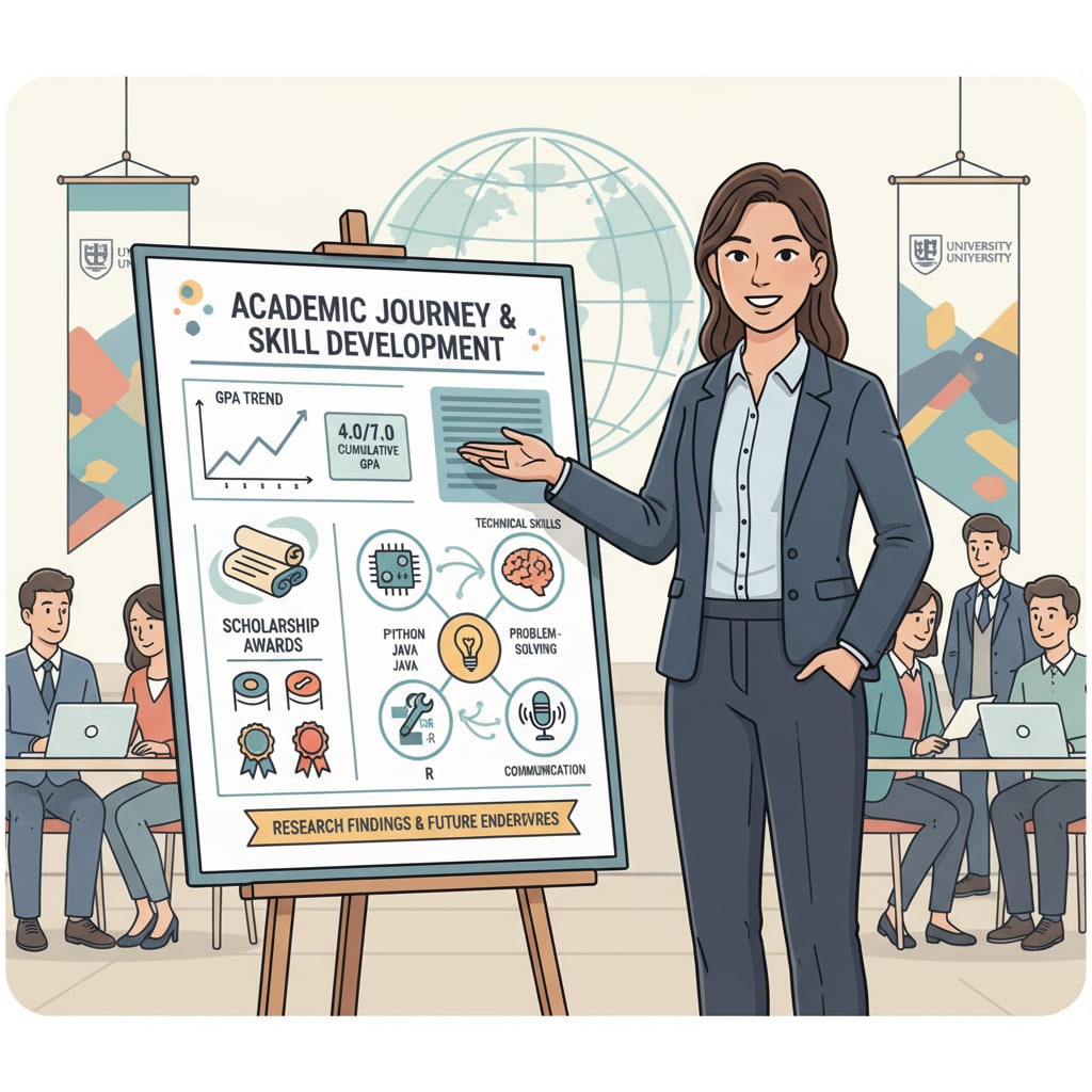 A student is presenting their research findings at an academic conference. They are using a presentation board and speaking confidently, highlighting their academic achievements. These achievements are relevant to GPA, scholarships, and the overall development of technical skills. Student presenting research at academic conference for academic achievements related to GPA, scholarships, and technical skills