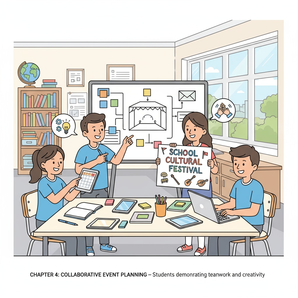 Students are actively involved in an event planning activity within the school environment, showing enthusiasm and teamwork. Students participating in event planning activity related to event planning industry, professional certifications, and educational background