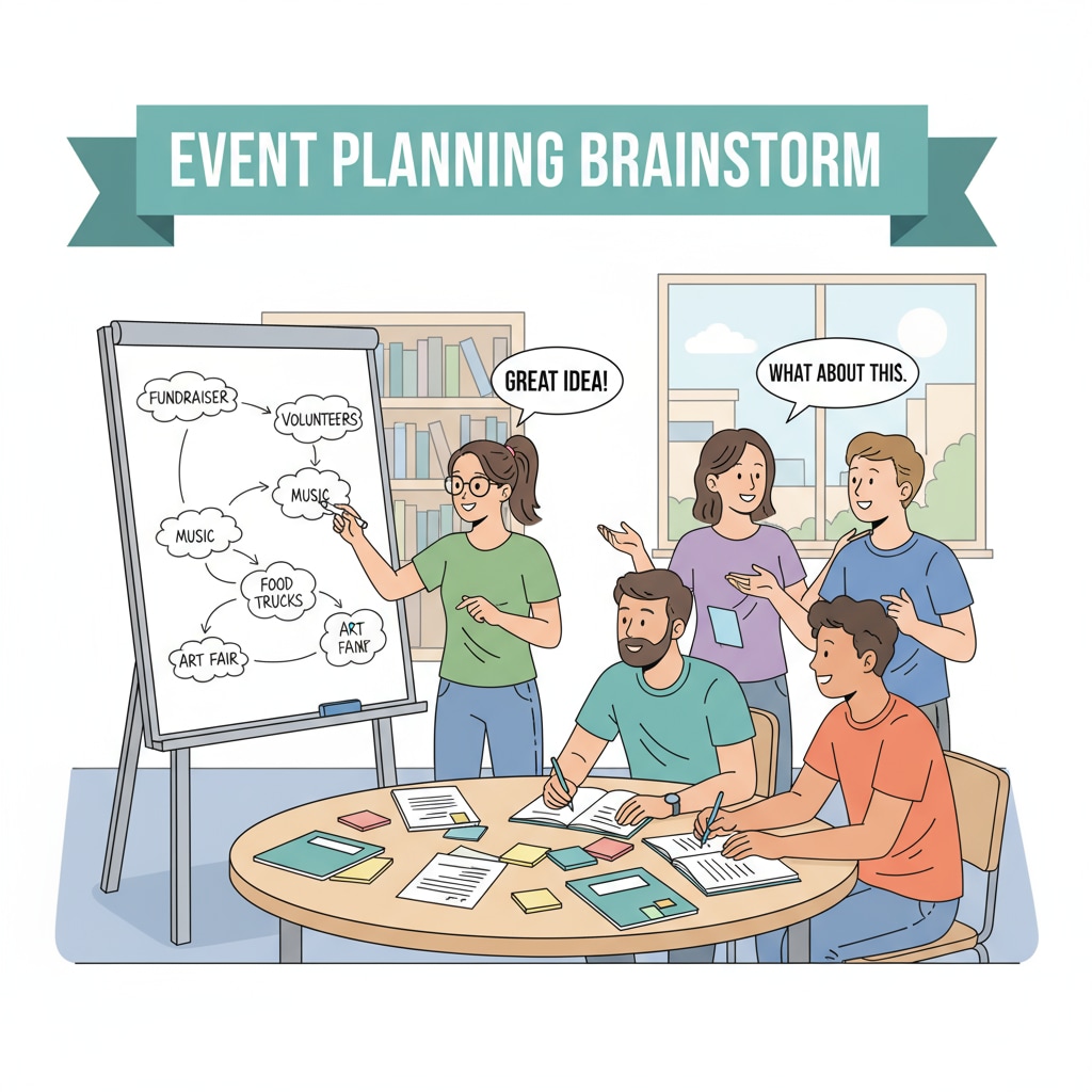 A group of students are gathered around a table, having an animated discussion while brainstorming ideas for an upcoming event. Students brainstorming ideas for event related to event planning industry, professional certifications, and educational background