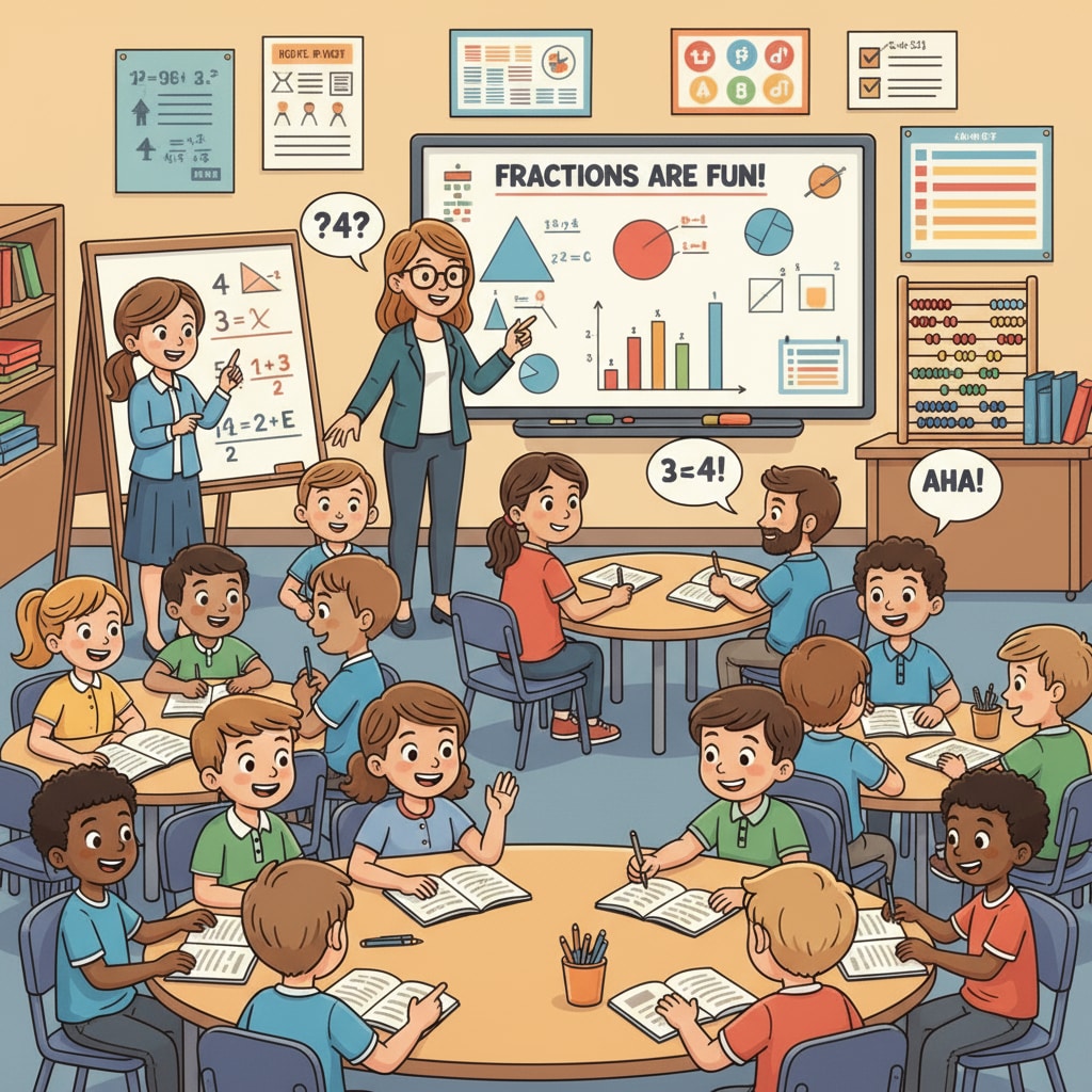A classroom scene where K12 students are actively participating in a math lesson, with enthusiasm and engagement on their faces. K12 students in a math class preparing for an online math degree