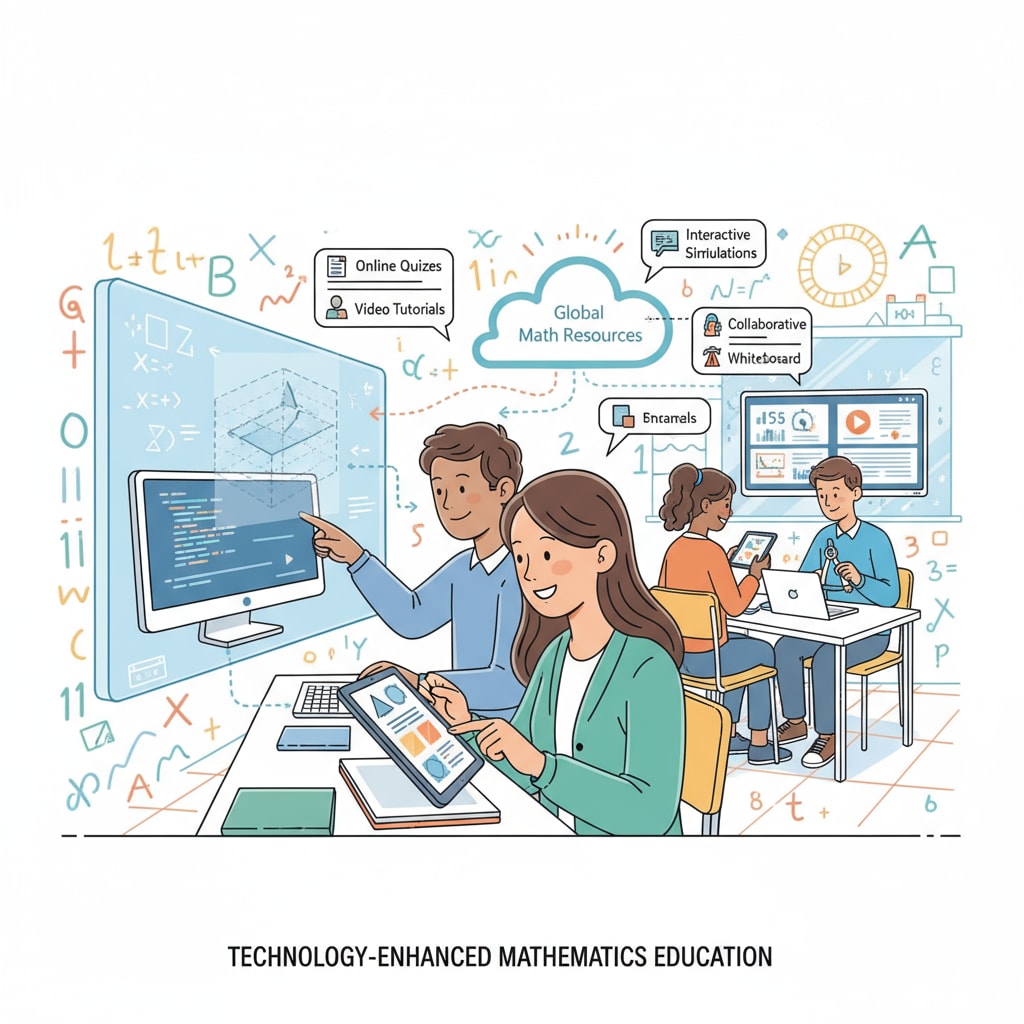 Students are shown using various online resources such as tablets and computers to study math, highlighting the integration of technology in learning. K12 students using online resources for math study in preparation for an online math degree