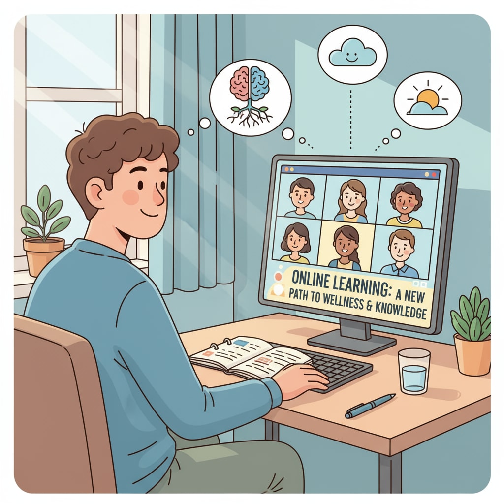 A student sitting in front of a computer, engaging in an online class with a positive expression, representing the new learning opportunity of online school for those with mental health challenges A student enjoying an online class as an alternative for better mental health and attendance