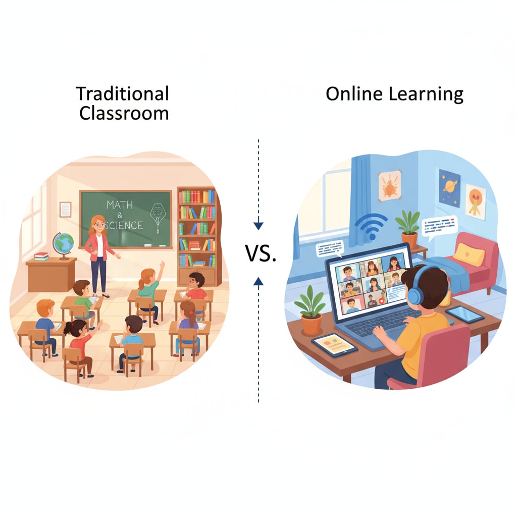 A comparison illustration showing a traditional classroom setting on one side and an online learning setup with a student using a laptop on the other side Comparison between traditional school and online education for students with social anxiety and mental health concerns