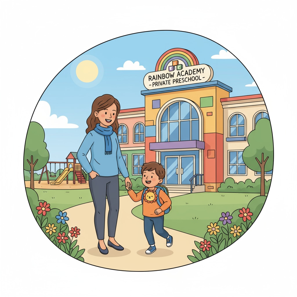 A parent and child walking towards a private preschool building. The building has a colorful facade and a sign indicating it's a private preschool. A parent and child approaching a private preschool building, highlighting the commute and school choice aspect.
