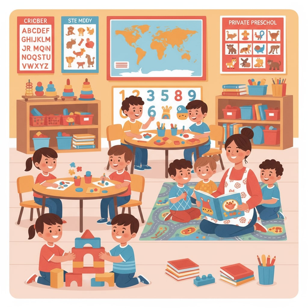 A classroom in a private preschool with children engaged in learning activities. There are colorful educational materials on the walls and tables. Children learning in a private preschool classroom, showing the quality education environment.