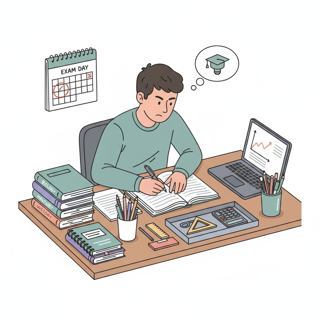 A student is sitting at a neatly organized desk. There are textbooks, notebooks, and pencils arranged in an orderly manner. The student is concentrating on the books, with a determined look on their face, focused on preparing for an upcoming exam. A student focused on exam preparation using effective learning methods for academic management