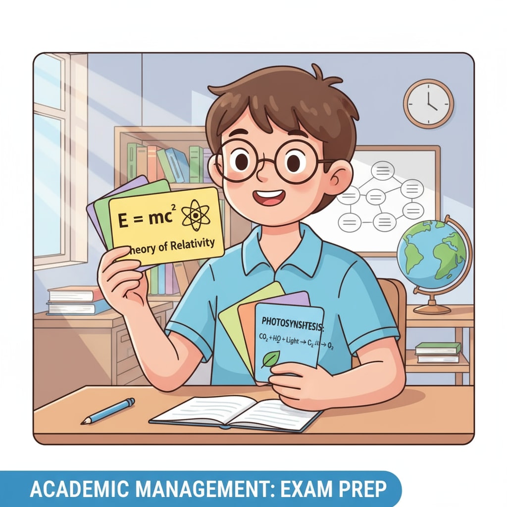 A young student is holding a set of colorful flashcards. The flashcards have important formulas and definitions written on them. The student is going through the cards one by one, actively studying for an exam as part of their exam preparation and academic management routine. A student using flashcards as part of exam preparation and academic management learning methods