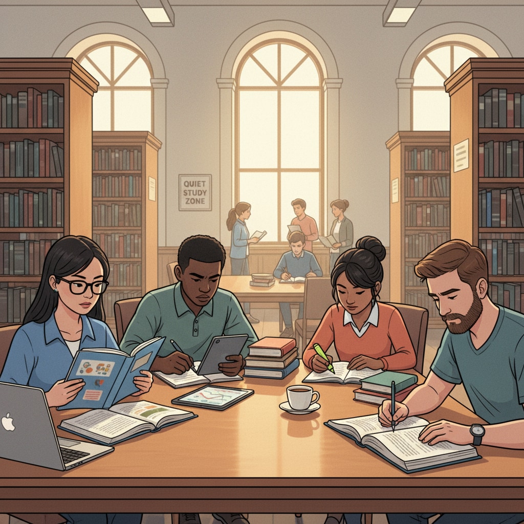 A group of students studying independently in a library, showing self-driven learning attitude related to academic improvement Students studying independently for academic improvement in relation to academic rigor, external exams, and college applications