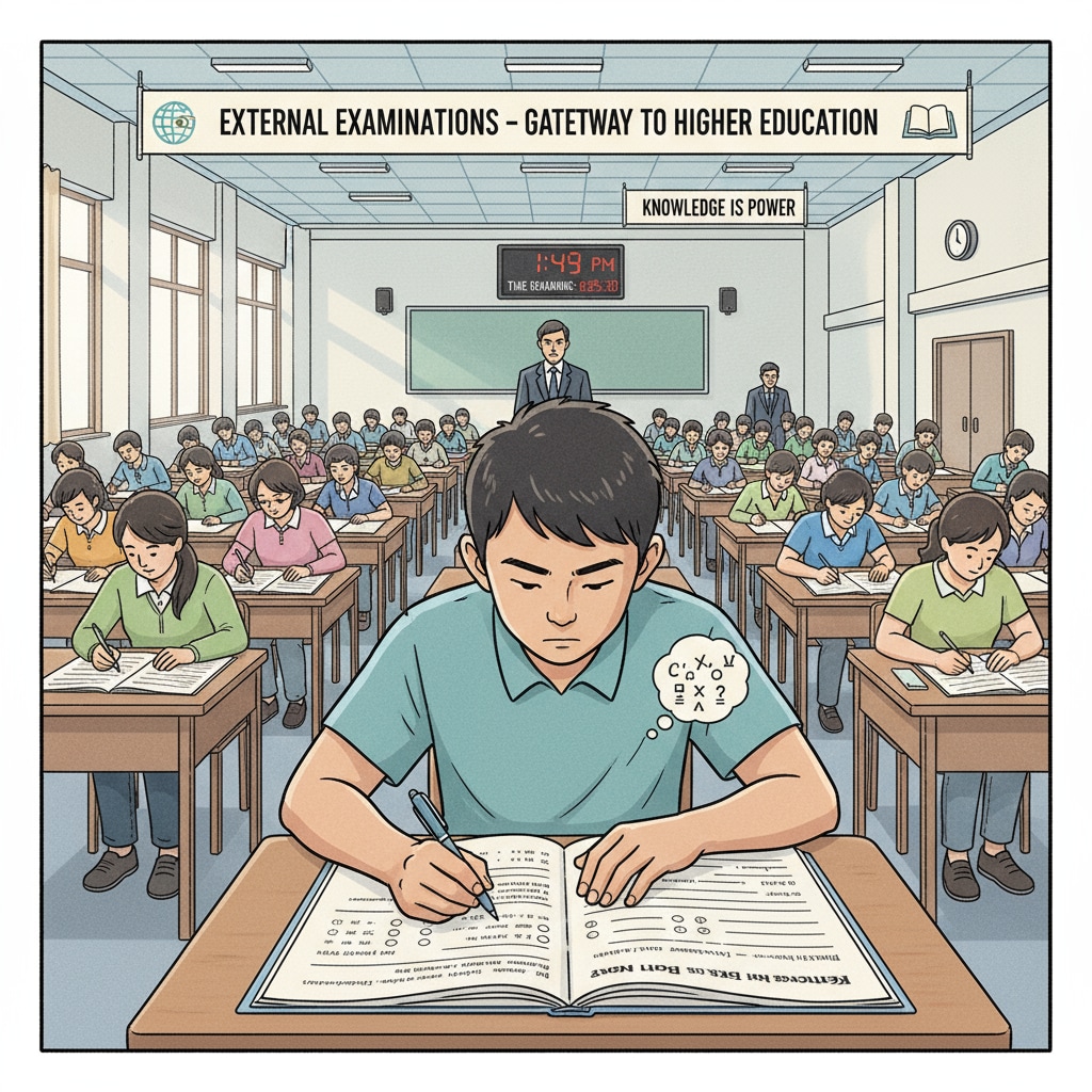 A student concentrating on answering questions in an external exam hall, emphasizing the importance of external exams Student taking an external exam relevant to academic rigor, external exams, and college applications