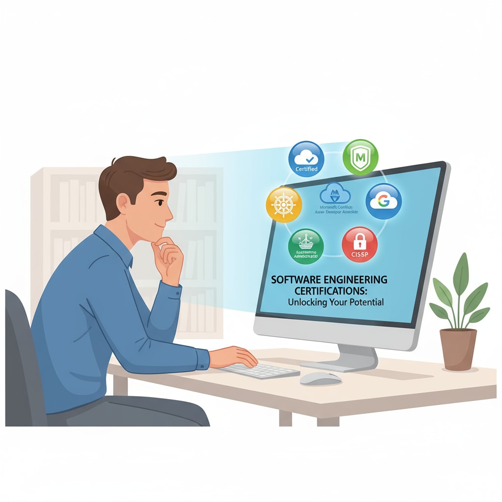 A person is looking intently at a computer screen where various software engineering certification icons are prominently displayed, representing the allure and significance of certifications in the field. A person viewing software engineering certification icons on a computer screen