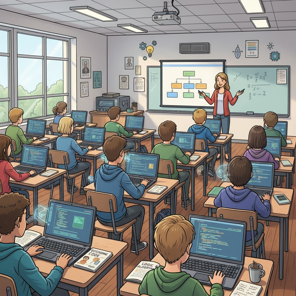 In a classroom setting, students are sitting at their desks, focused on their computers as they engage in programming learning activities, depicting the early stages of learning for future software engineers. Students learning programming in a classroom